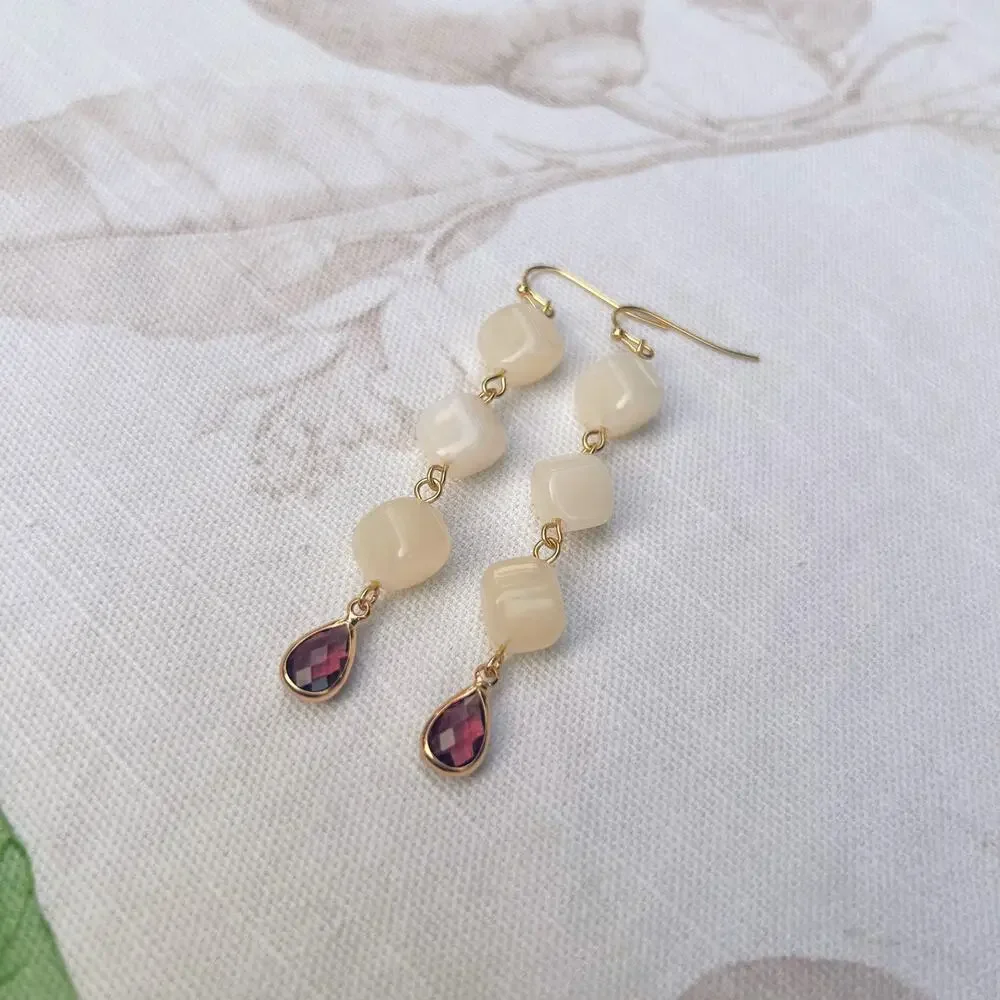 Garnet Wine Red Crystal Glass Cream Moonstone Agate Style Casual Fun Earrings - Picture 2 of 7